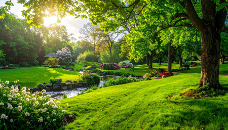 Beautiful spring garden with green grass, flowers and trees on sunsetの素材