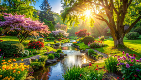 Beautiful landscaped garden with blooming flowers and sunlight in springの素材