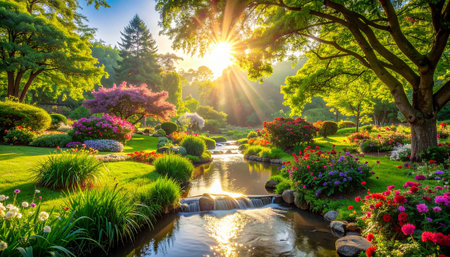 Beautiful garden landscape with pond and colorful flowers in the morning.の素材