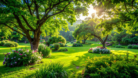Beautiful garden with green tree and flowers in the morning light.の素材