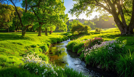 Beautiful summer landscape with a river and flowers in the park.の素材