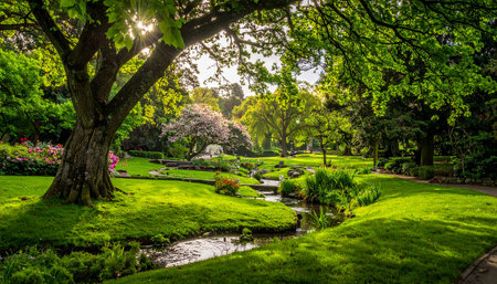 Beautiful green garden with pond and tree in the morning time.の素材