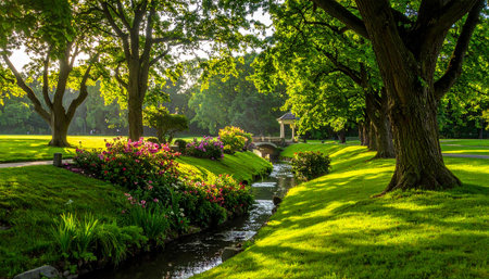 Beautiful park with green lawn and blooming flowers at sunset.の素材