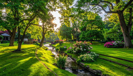 Sunset in a beautiful garden with a pond and green trees.の素材
