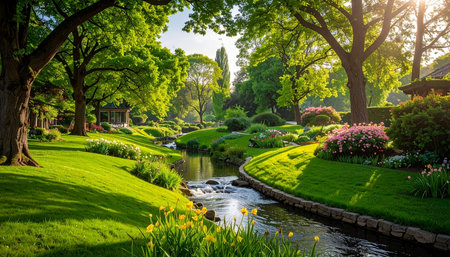 Beautiful spring garden with blooming flowers and pond. Spring landscape.の素材