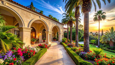 Sunset view of luxury hotel and garden with palm trees and flowersの素材