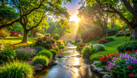 Landscape of beautiful blooming flower garden with pond in the morning.の素材