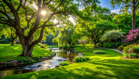 Beautiful spring garden with pond, green lawn and blooming treesの素材