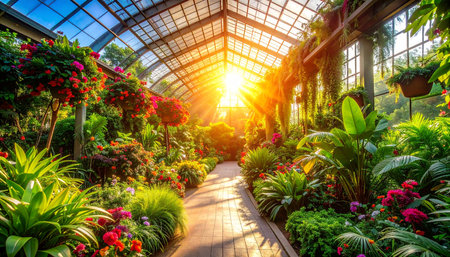 Beautiful view of green plants in botanic garden at sunset.の素材