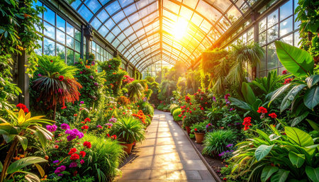 Greenhouse with blooming flowers and sunlight in botanical garden.の素材
