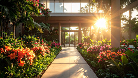 Beautiful tropical garden in hotel with sunlight in the morning, stock photoの素材