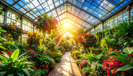 Beautiful garden with blooming flowers in botanical garden at sunset.の素材