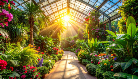 Beautiful view of the garden with colorful flowers in the greenhouse.の素材