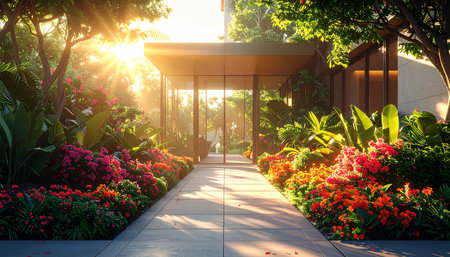 Luxury hotel garden with sunlight and flower at sunset time.の素材