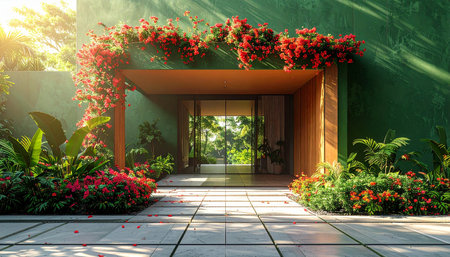 Modern house entrance with red flowers and green wall. 3d renderingの素材