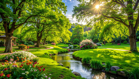 Beautiful spring garden with blooming flowers and green trees. Spring landscape.の素材