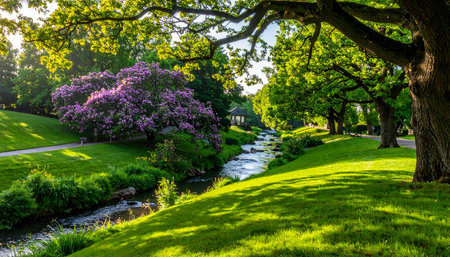 Beautiful spring landscape with river and blooming trees in the parkの素材