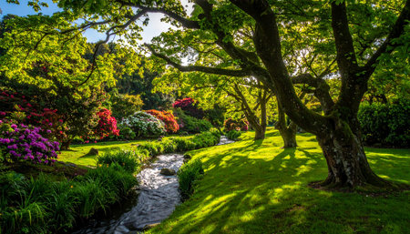 Rhododendron garden with stream and green trees in springの素材