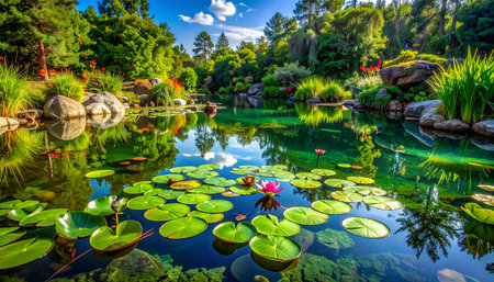 Luxury garden with pond and blooming water lilies.の素材