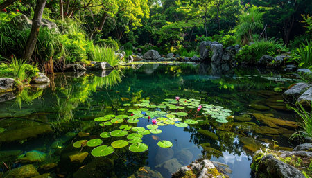 Beautiful pond in the garden with lotus flower and green leafの素材