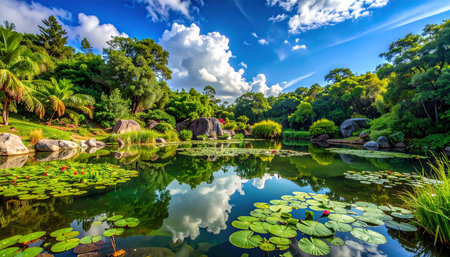 Beautiful view of the pond in the botanical garden in Singaporeの素材
