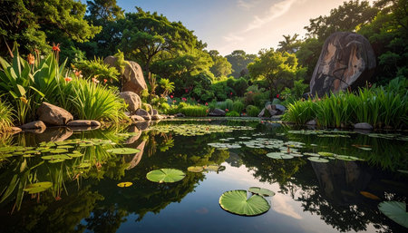 Garden with pond and stone sculpture in the park at sunset.の素材