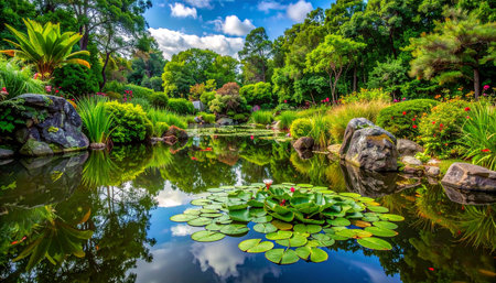 Landscape view of beautiful garden with pond and green tree in summer.の素材
