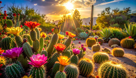 Beautiful cactus garden at sunset in Tucson, Arizona, USA.の素材