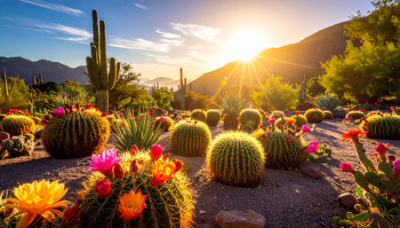 Cactuses at sunset in Saguaro National Park, Arizonaの素材