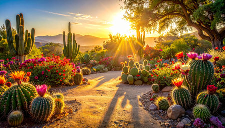 Cactus garden at sunset in Tucson, Arizona, United States.の素材