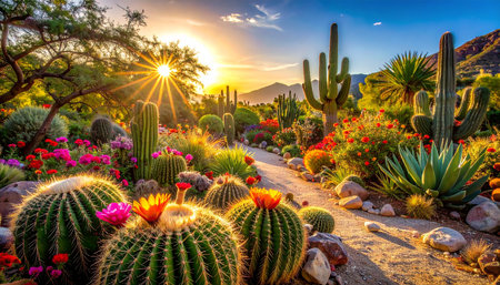 Cactus garden at sunset, Tucson, Arizona, United States.の素材