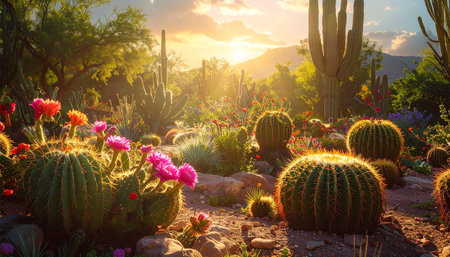 Cactuses in the desert of Arizona, USA at sunset.の素材