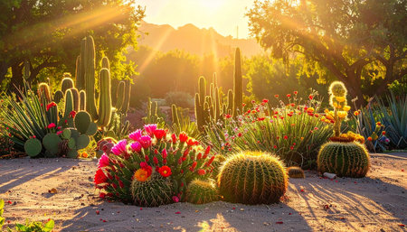 Cactuses and flowers in the botanical garden at sunset.の素材