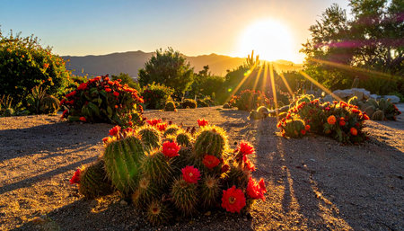 Sunset over the desert with cacti and flowers in the foregroundの素材