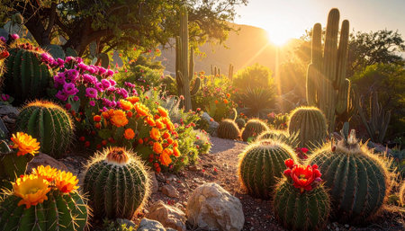 Cactuses in the desert at sunset. California, USA.の素材