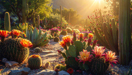 Cactus garden at sunset in Tucson, Arizona, United States.の素材