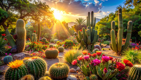 Cactuses in the botanical garden at sunset, California, USA.の素材