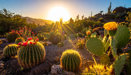 Cactus garden at sunset in Joshua Tree National Park, California, USAの素材