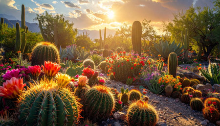 Cactuses and other cacti at sunset in Tucson, Arizonaの素材