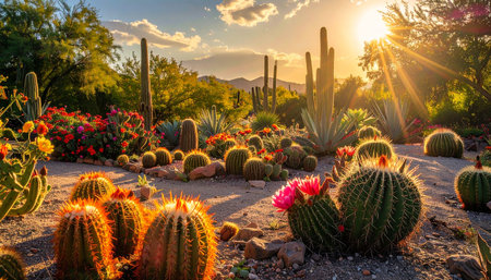 Cactuses and flowers in the Arizona desert at sunset. USAの素材