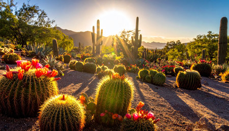 Cactuses at sunset in Saguaro National Park, Arizonaの素材