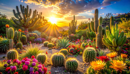 Cactus garden at sunset in Tucson, Arizona, United States.の素材