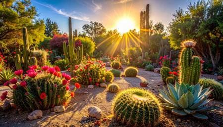 Cactus garden at sunset in Tucson, Arizona, United States.の素材