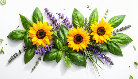 Fresh basil, sunflower and lavender flowers on white background.の素材