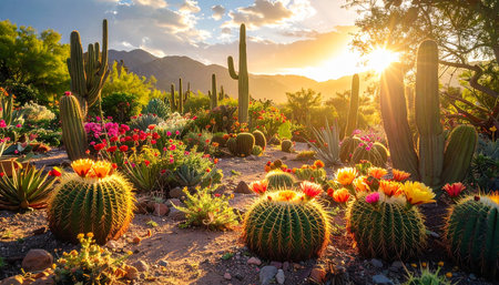 Cactuses and flowers in the Arizona desert at sunset. USAの素材