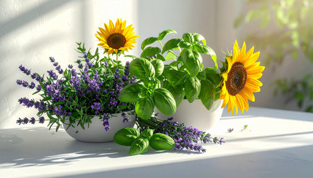 Herbs in a pot with sunflowers and lavender on a white table.の素材