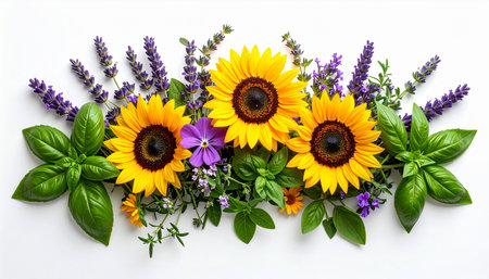 Sunflowers, basil and lavender flowers isolated on white backgroundの素材