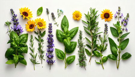 Herbs and spices arranged in the form of the word aromatherapyの素材