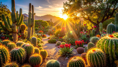 Cactuses in a botanical garden at sunset, Tucson, Arizonaの素材