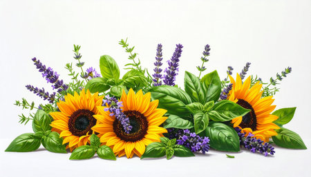 Composition with fresh basil, sunflower and lavender on white backgroundの素材